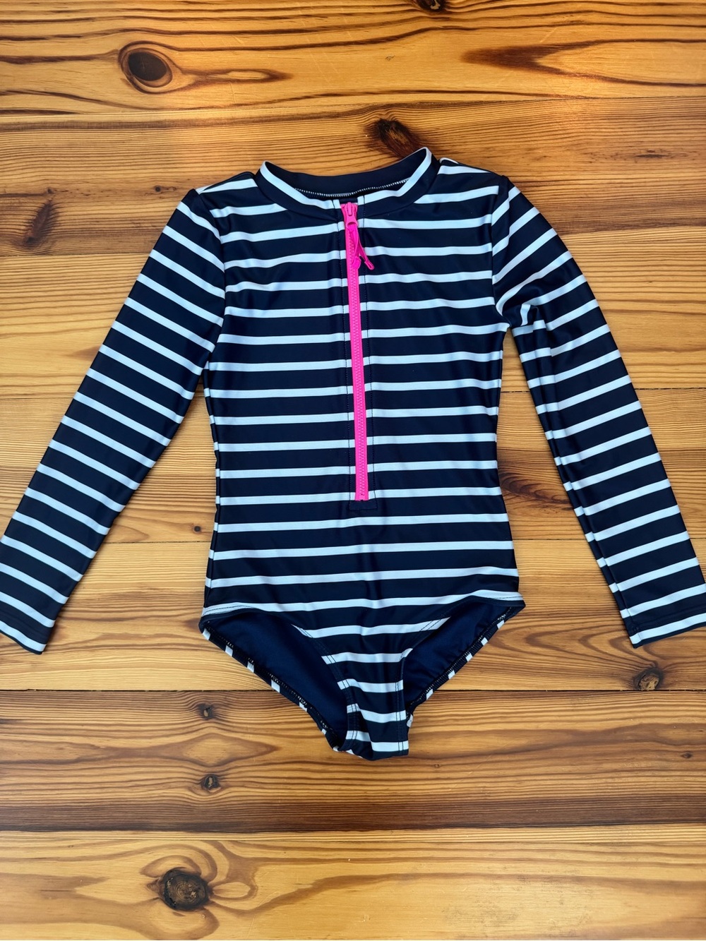 GAP Navy & White Striped Long-Sleeve One-Piece Swimsuit Pink Zipper Small EUC